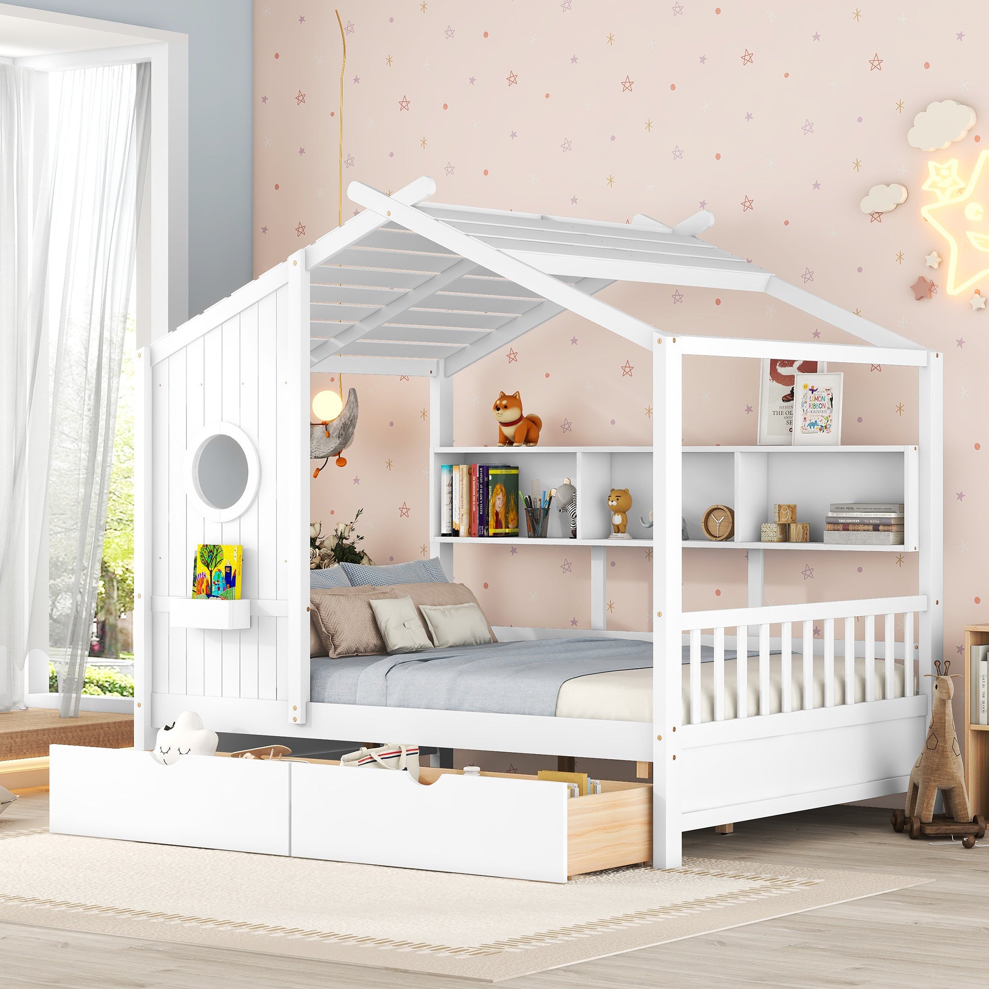 White Wooden Full Size House Bed | Kids Bed with Drawers & Shelf