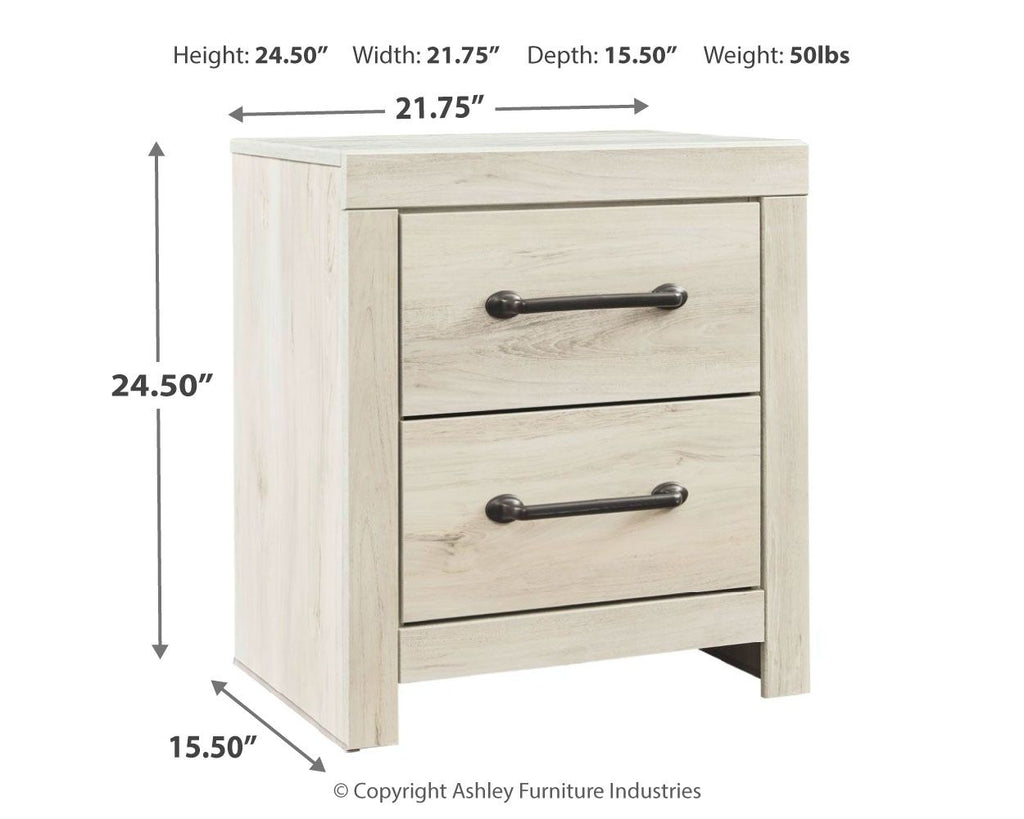 Whitewash two-drawer night stand, flat top, dark metal bar pulls
