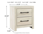 Whitewash two-drawer night stand, flat top, dark metal bar pulls