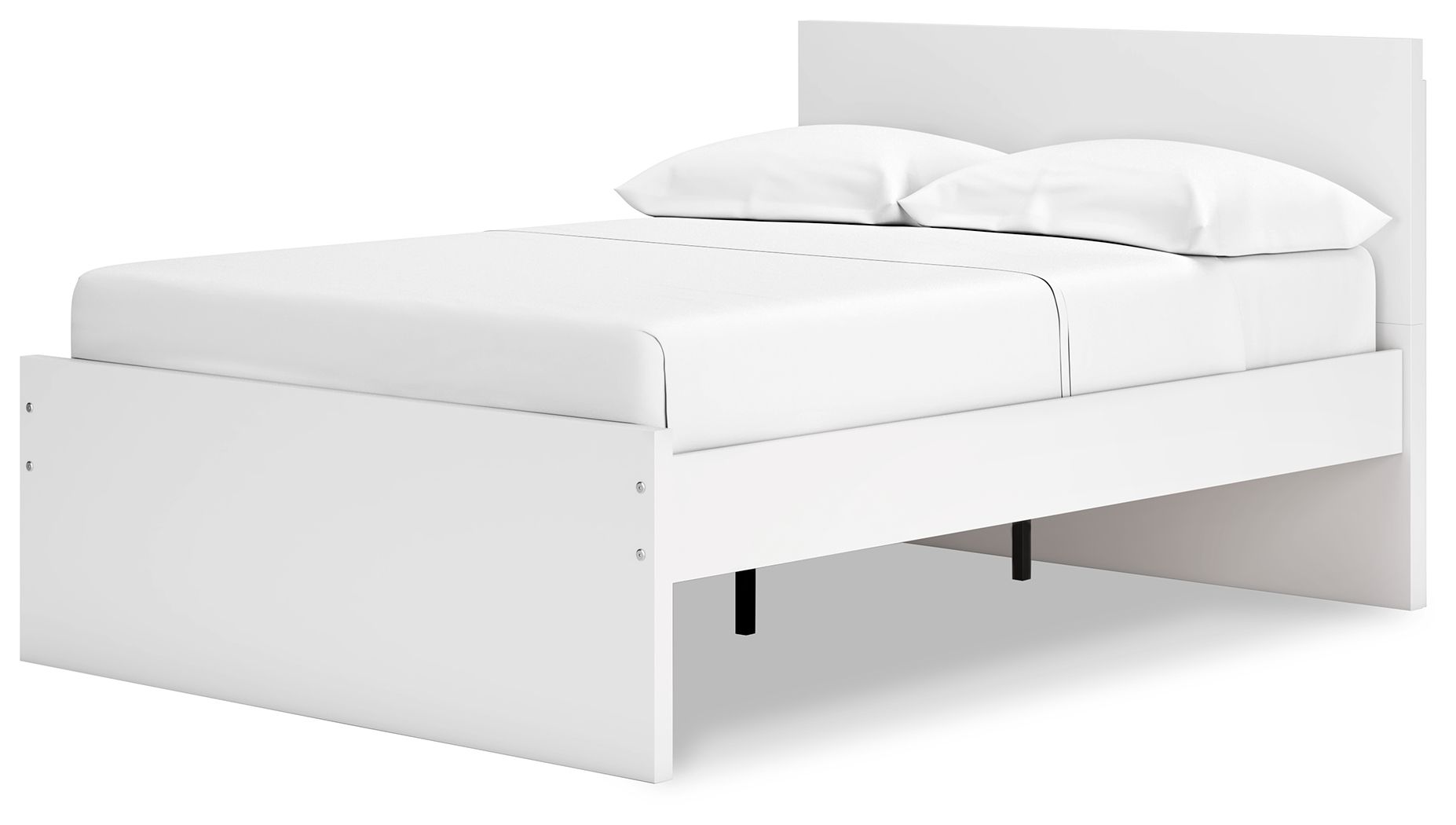 White panel platform bed with headboard and side panel drawers with black legs.