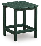 Green rectangular end table with slatted tabletop and open lower shelf frame