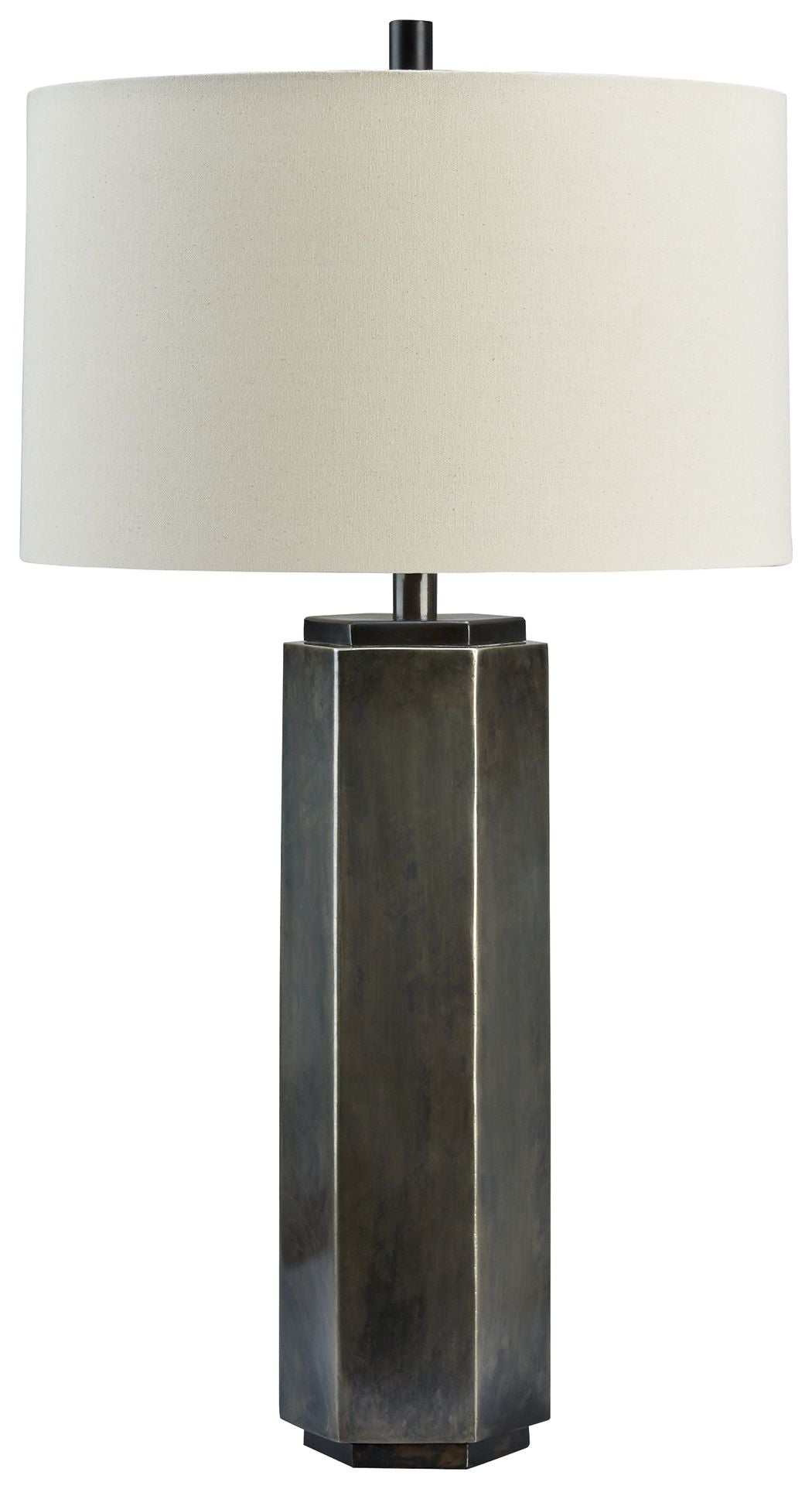 Antique pewter metal table lamp with white drum shade and dark rectangular base