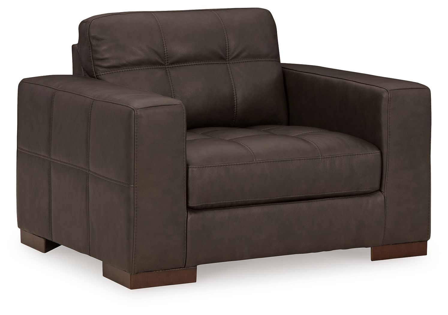 Dark brown upholstered chair with tufted back, boxy arms, and padded seat