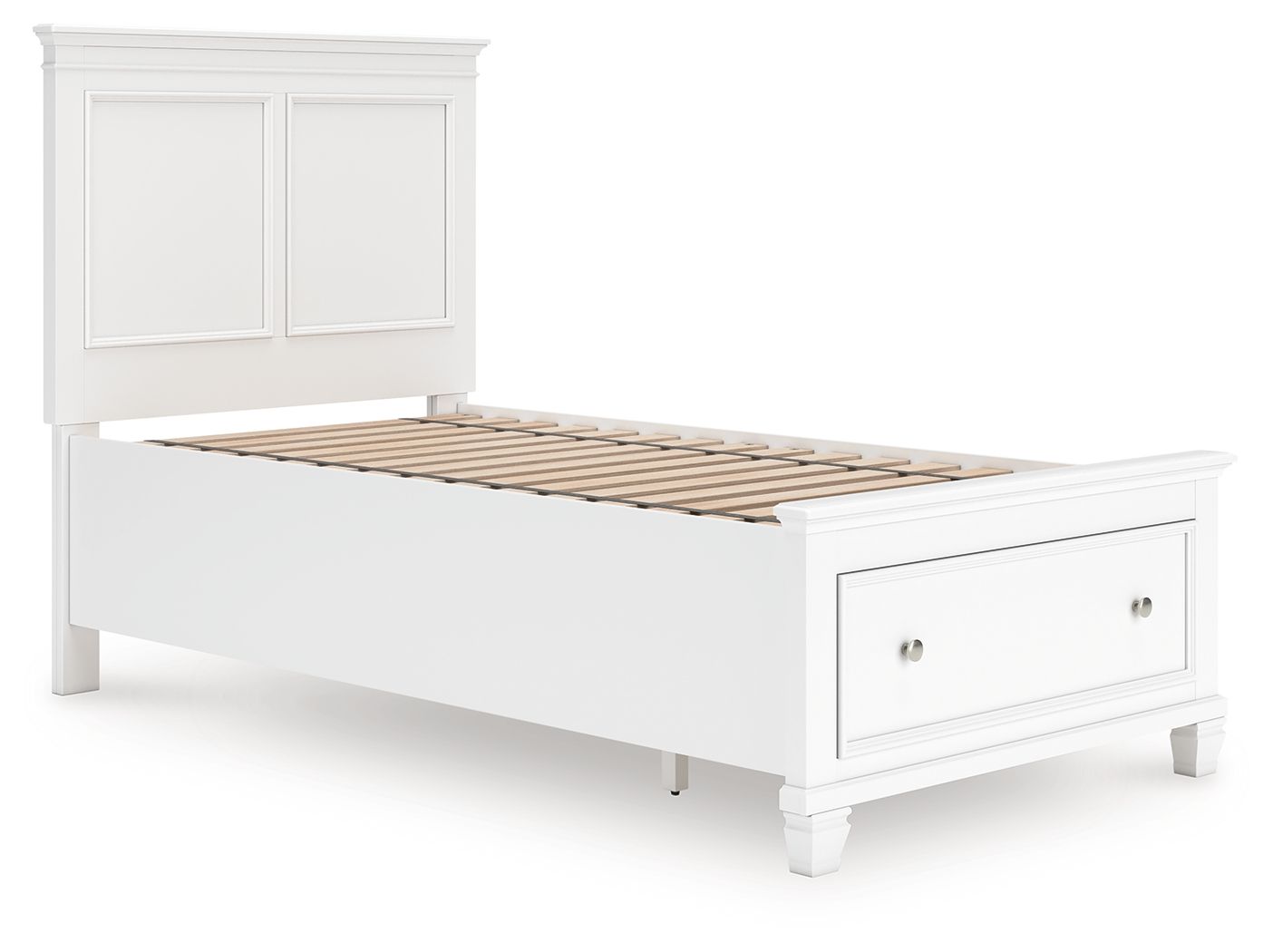 White panel bed frame with open slatted base and two panel doors on the headboard