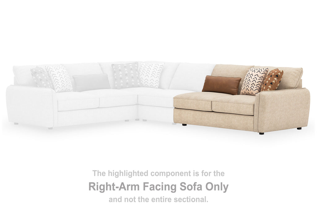 Sand upholstered right-arm sofa section with seat and back cushions.