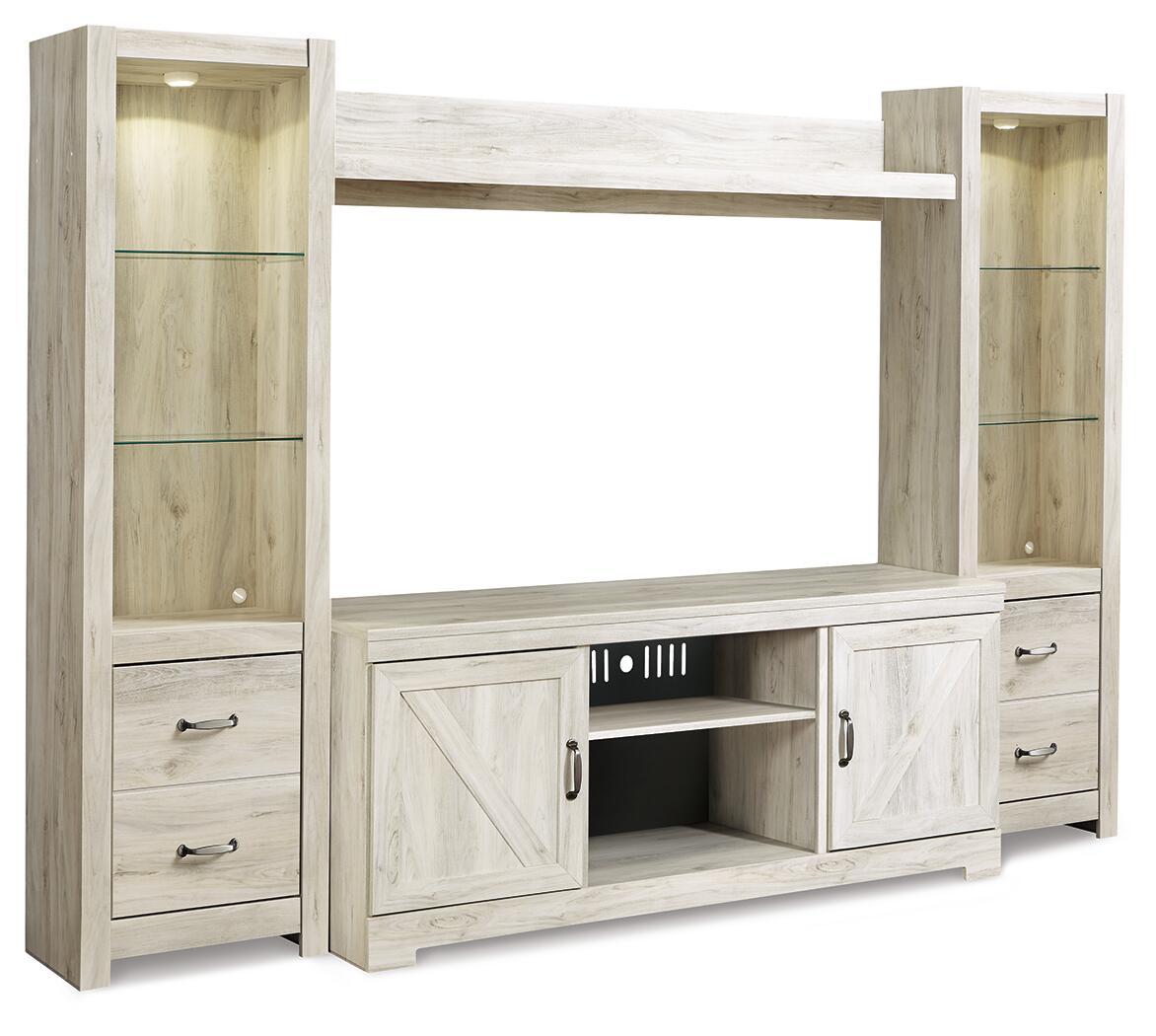 Beige wood entertainment center with open shelves, TV console doors, and drawers.