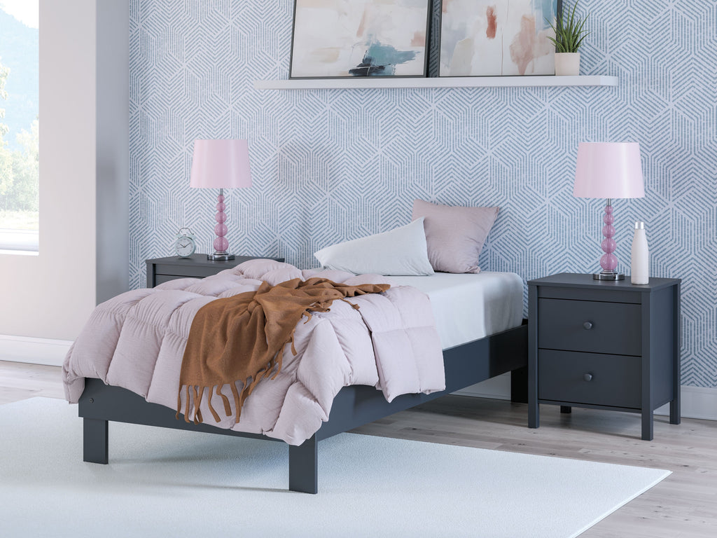 Simmenfort platform bed with white mattress and dark gray frame, upholstered headboard