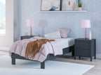 Simmenfort platform bed with white mattress and dark gray frame, upholstered headboard
