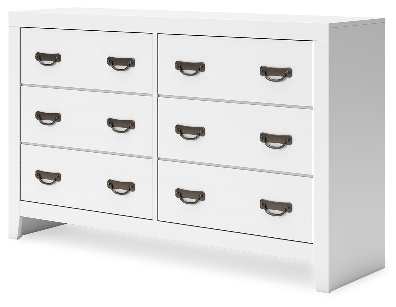 White side view dresser with drawers and dark metal pull handles