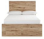 Beige wood storage bed with two front drawers, paneled headboard and slats