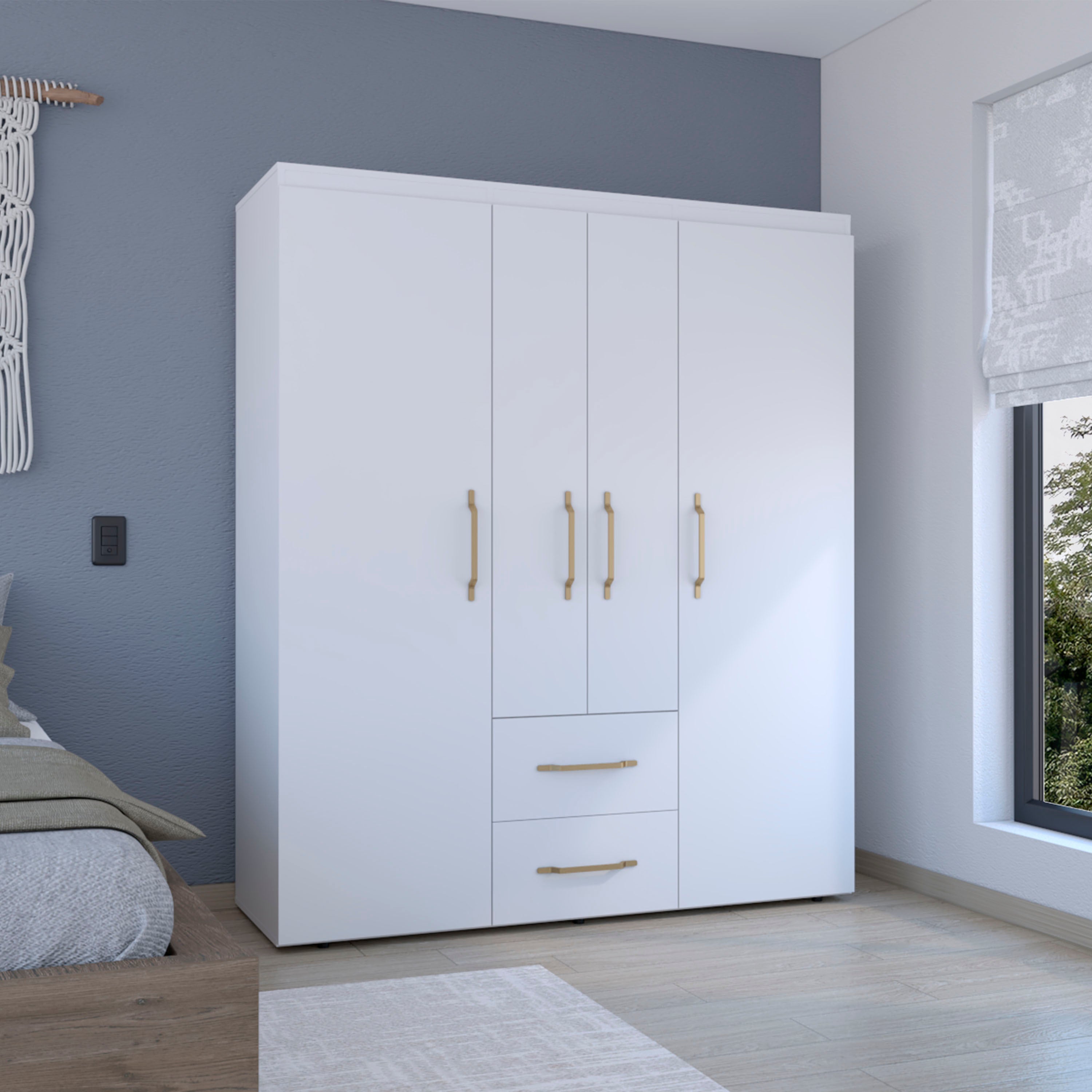 Bariloche White Wardrobe | Hanging Rods, Shelves, 2 Drawers