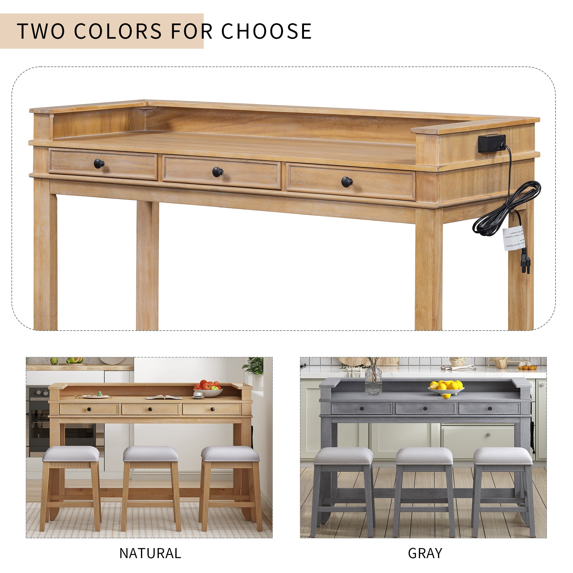 4-Pc Dining Set w/ 3 Stools (Natural)