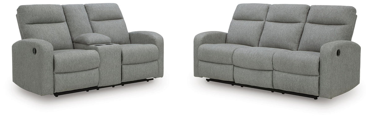 Light gray reclining loveseat with padded arms, tufted seat and black base