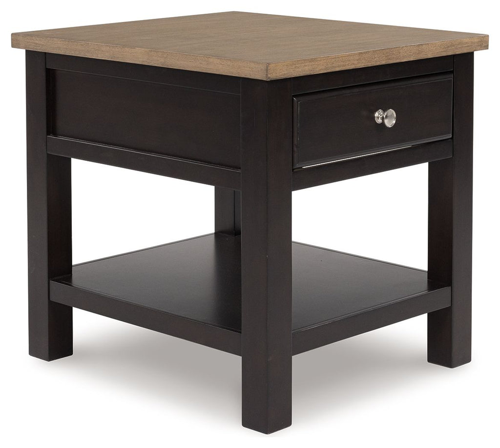 Brown rectangular end table with one drawer and lower shelf, dark wood frame.