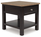 Brown rectangular end table with one drawer and lower shelf, dark wood frame.