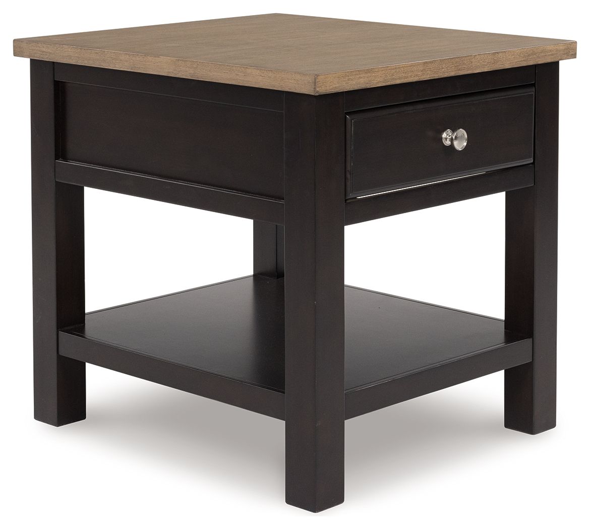 Brown rectangular end table with one drawer and lower shelf, dark wood frame.