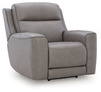 Power recliner chair with adjustable headrest, gray fabric upholstery.