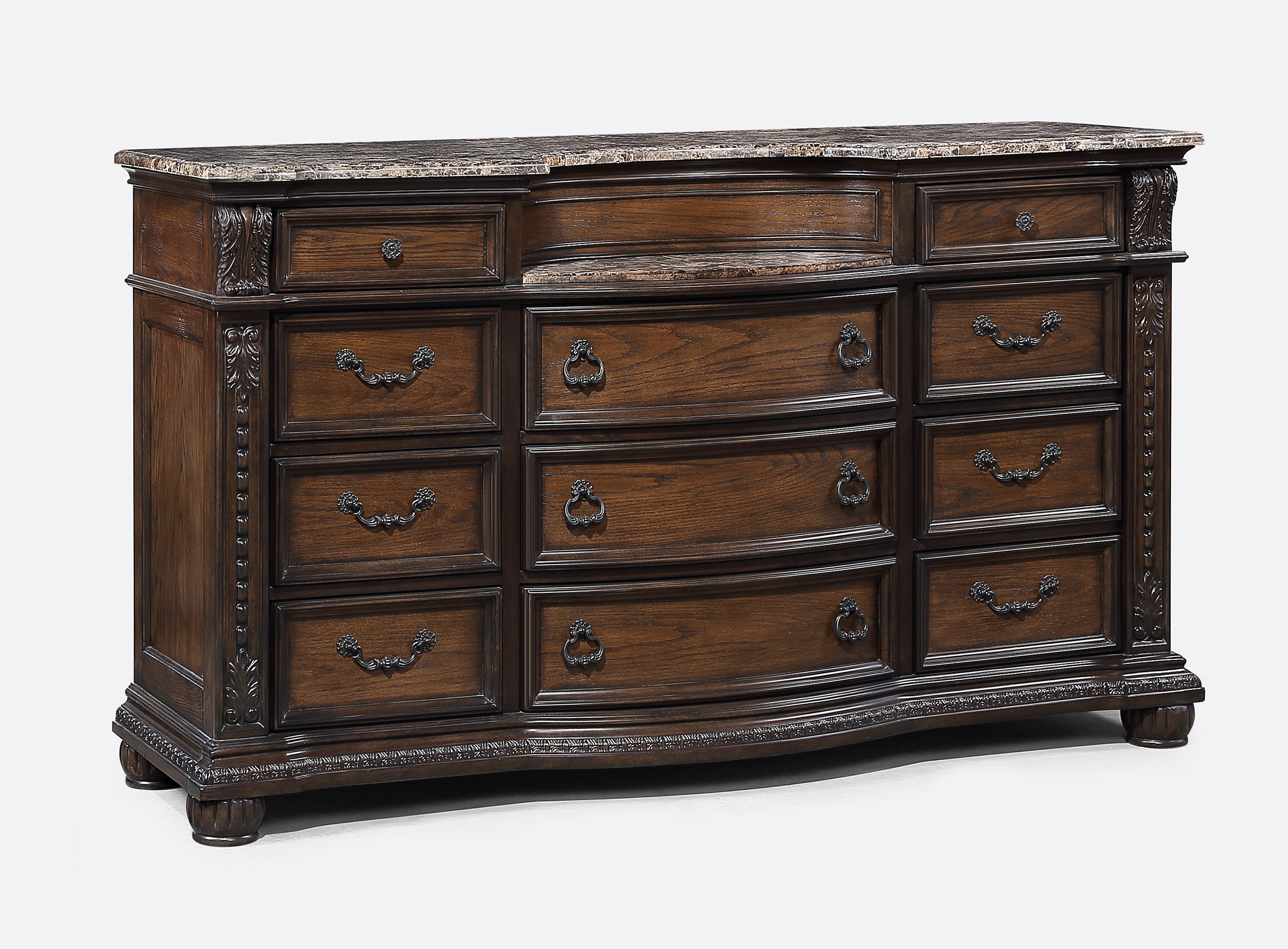 Coffee Brown Solid Wood Bedroom Dresser, Marble Top 11-Drawer