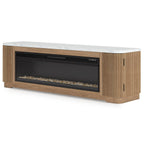 Light brown TV stand with electric fireplace, black glass viewing window and wood paneling