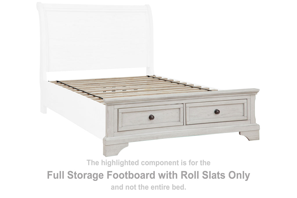 Antique white full storage footboard with roll slats and two drawers