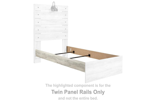 Whitewashed twin panel bed rails with side rails and headboard panels