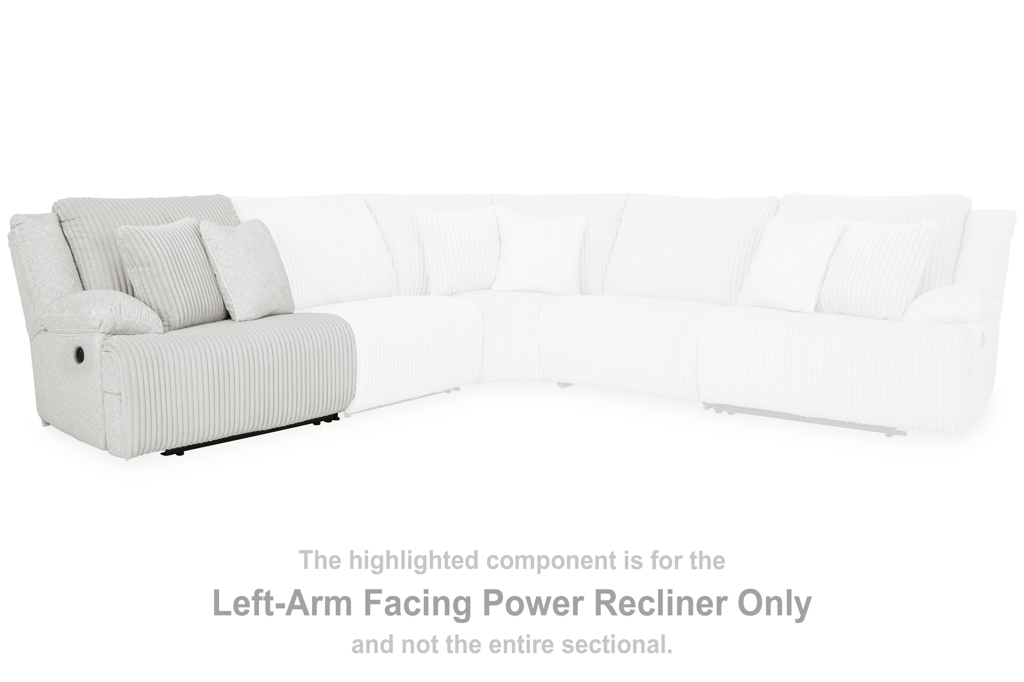 Light gray ribbed sectional with left-arm power recliner and padded armrest