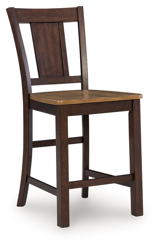 Wooden barstool with dark brown back panel and light brown round seat