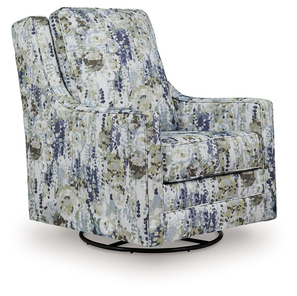 Swivel glider accent chair with blue, green, and beige speckled fabric upholstery