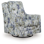 Swivel glider accent chair with blue, green, and beige speckled fabric upholstery