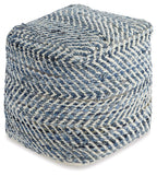 Blue-and-cream chevron upholstered pouf, rounded cube with textured woven surface