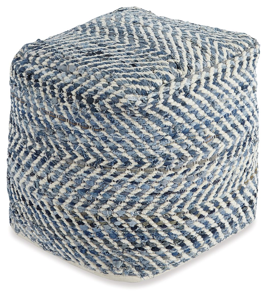 Blue-and-cream chevron upholstered pouf, rounded cube with textured woven surface