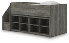 Gray loft bed with staircase steps and open shelving cubbies