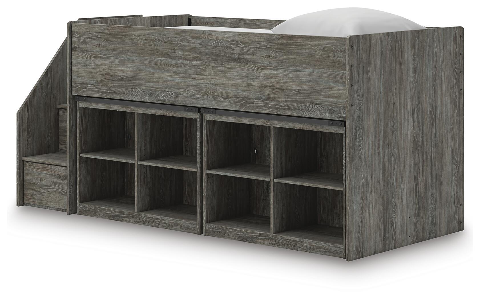 Gray loft bed with staircase steps and open shelving cubbies