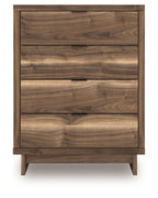 Brown four-drawer chest with horizontal wood-grain drawer fronts and short legs