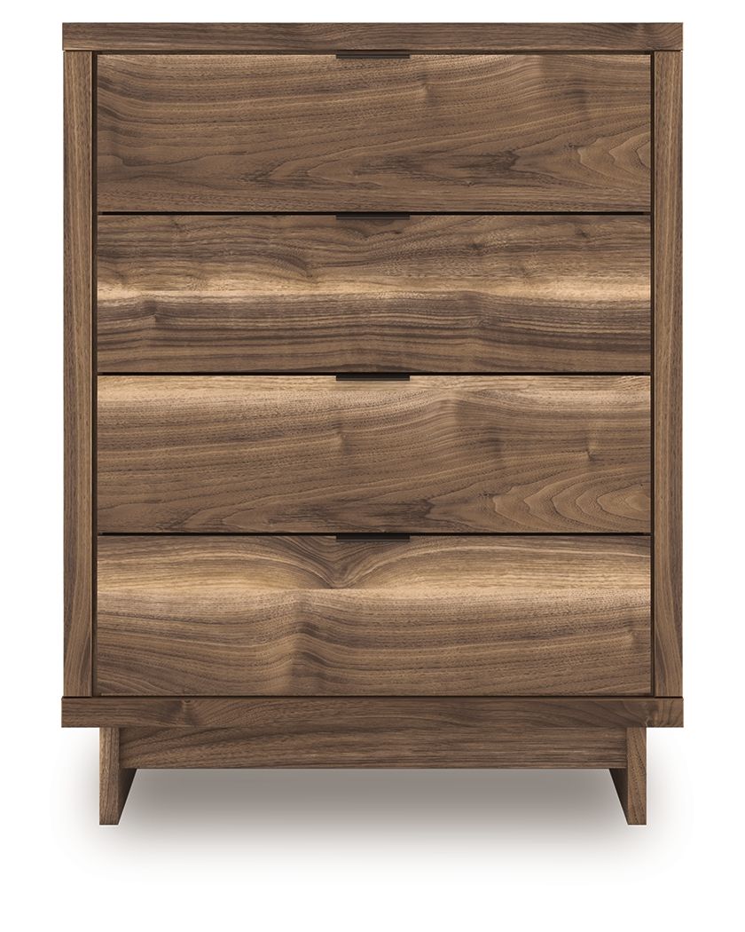 Brown four-drawer chest with horizontal wood-grain drawer fronts and short legs