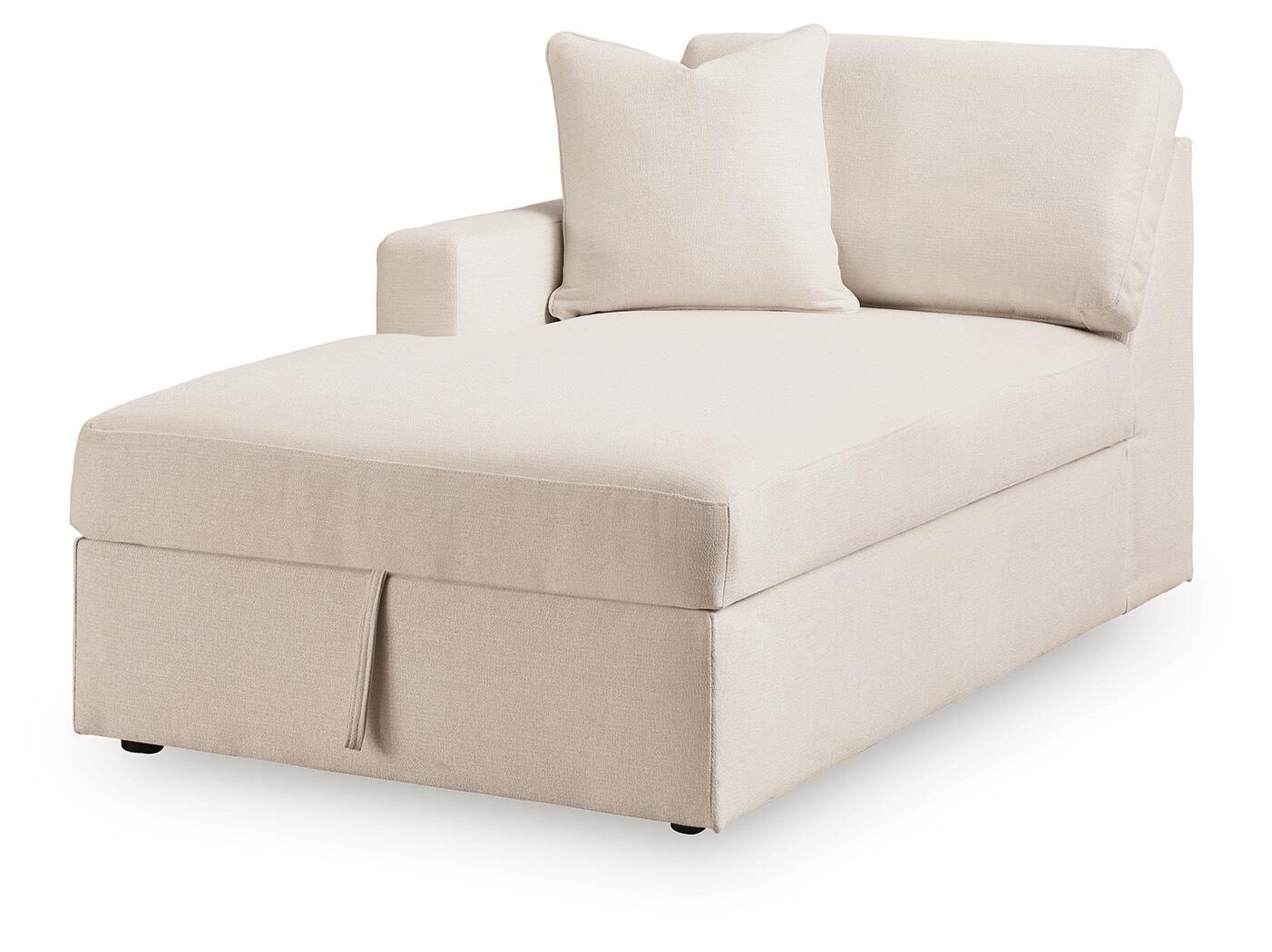Corner chaise with storage in light oyster fabric, two back pillows, left-facing arm
