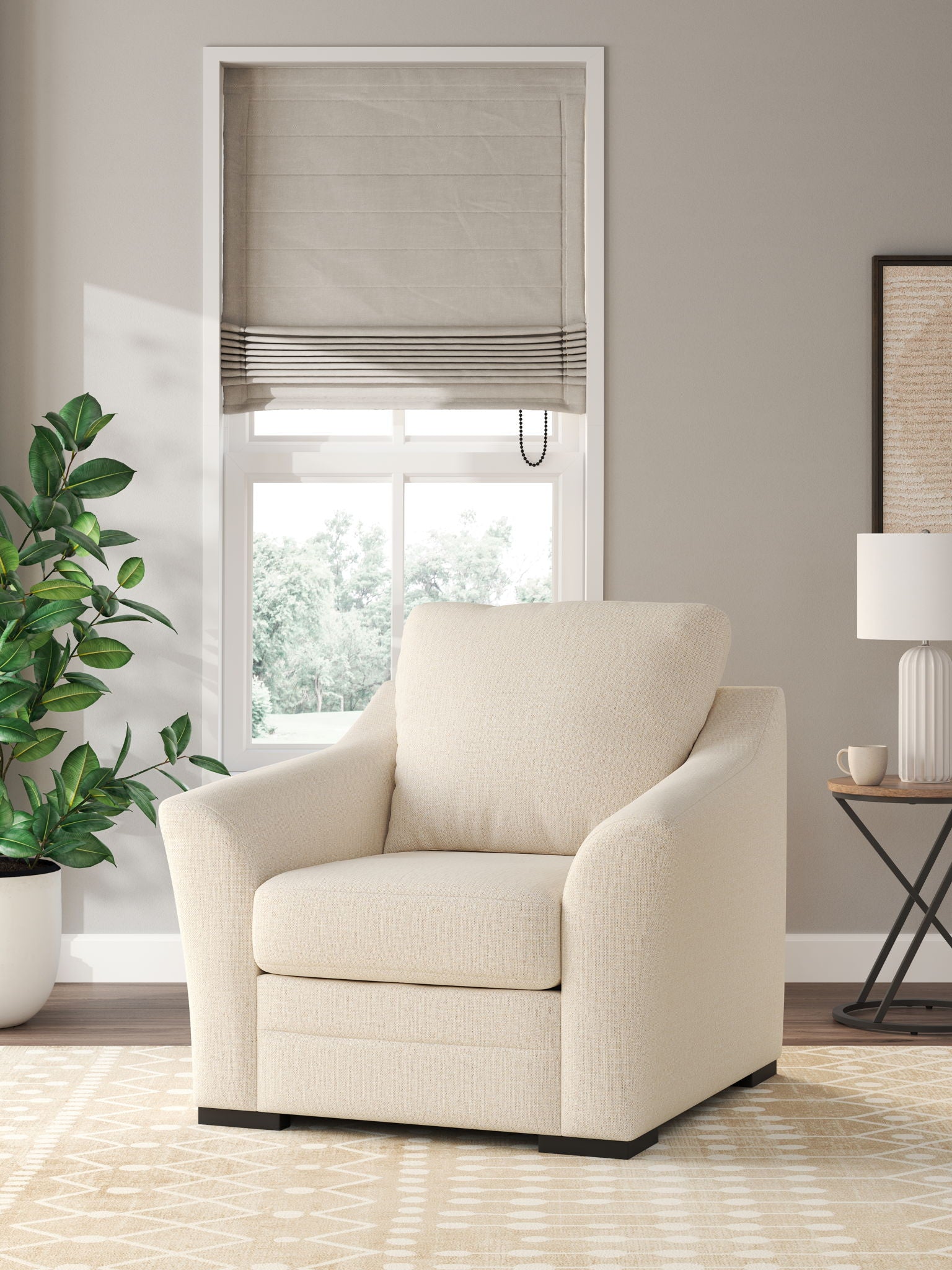 Beige upholstered lounge chair with tall back cushion and track arms