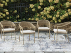 Set of 4 beige woven arm chairs with upholstered seat cushions, side-by-side view.