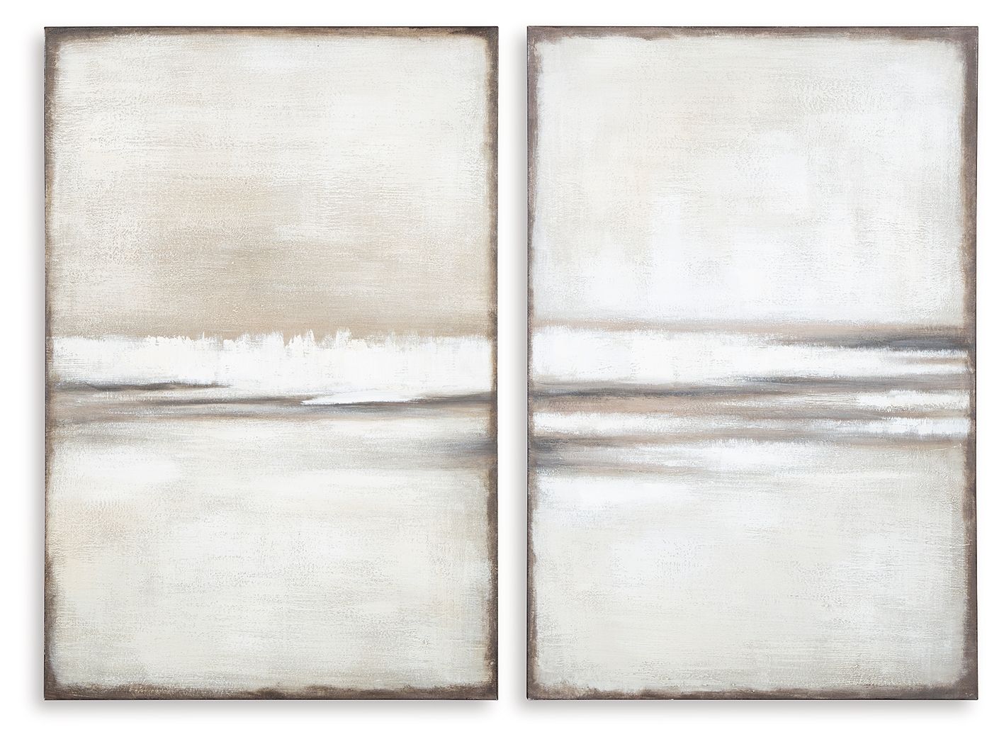 Abstract wall art set of 2, tan and gray with horizontal brush bands and dark edges