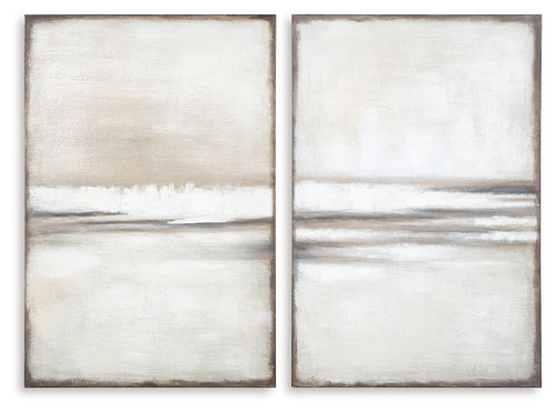 Abstract wall art set of 2, tan and gray with horizontal brush bands and dark edges