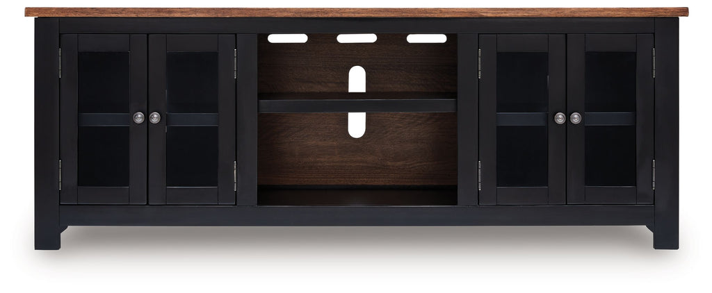 Black TV stand underside with glass cabinet doors and open center shelf