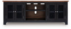 Black TV stand underside with glass cabinet doors and open center shelf
