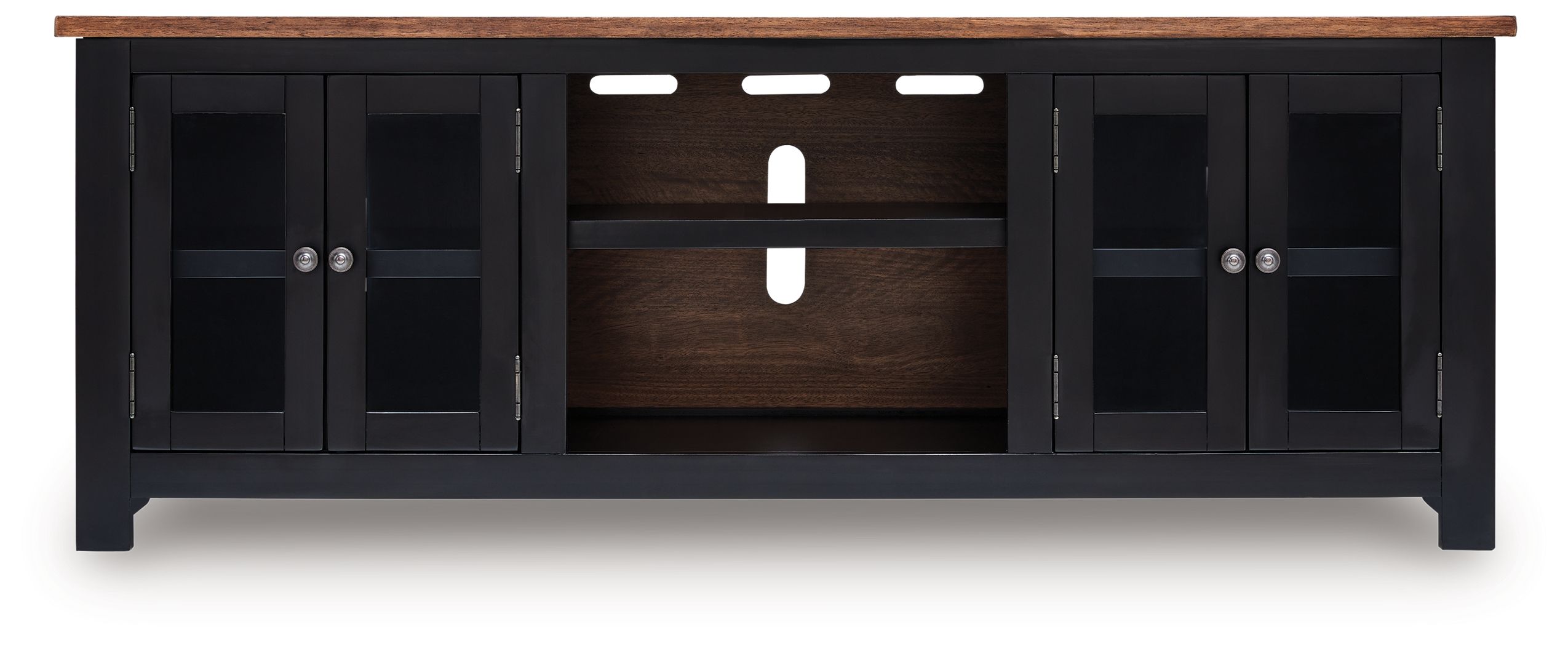 Black TV stand underside with glass cabinet doors and open center shelf