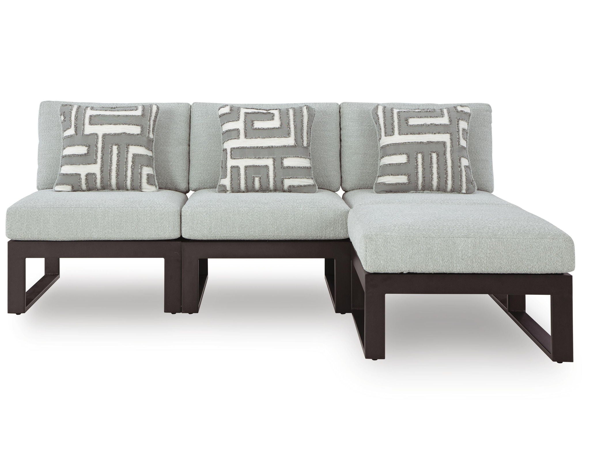 Outdoor sectional sofa with light gray cushions, dark wood frame, and geometric throw pillows