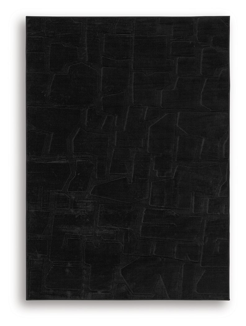 Washable rug, black, full flat view of brick-pattern texture