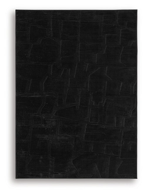 Washable rug, black, full flat view of brick-pattern texture