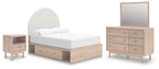 4-piece bedroom storage set with bed, dresser, mirror and nightstand, tan wood finish