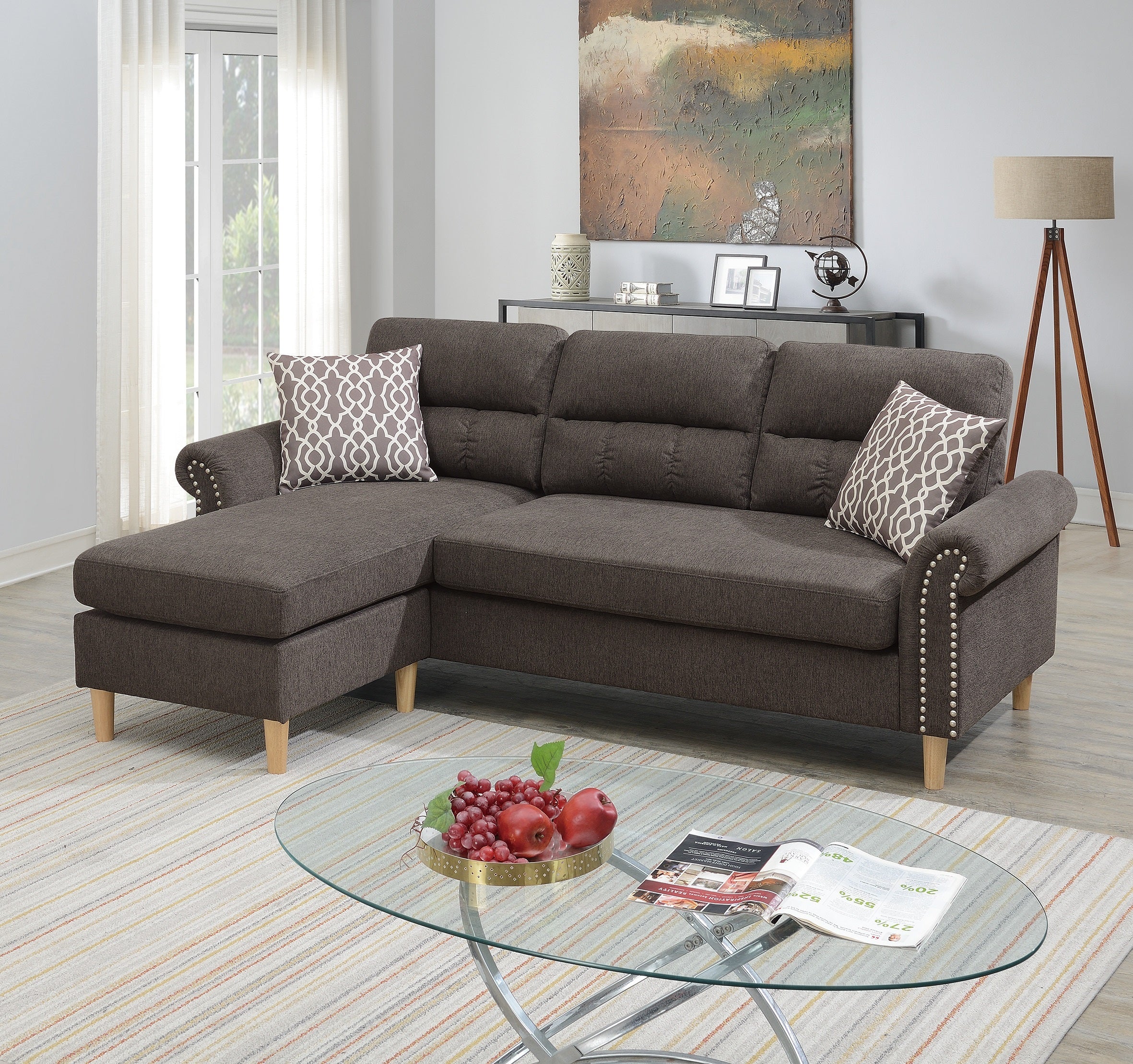 Tan Polyfiber Reversible Sectional Sofa Set Chaise Nailheads