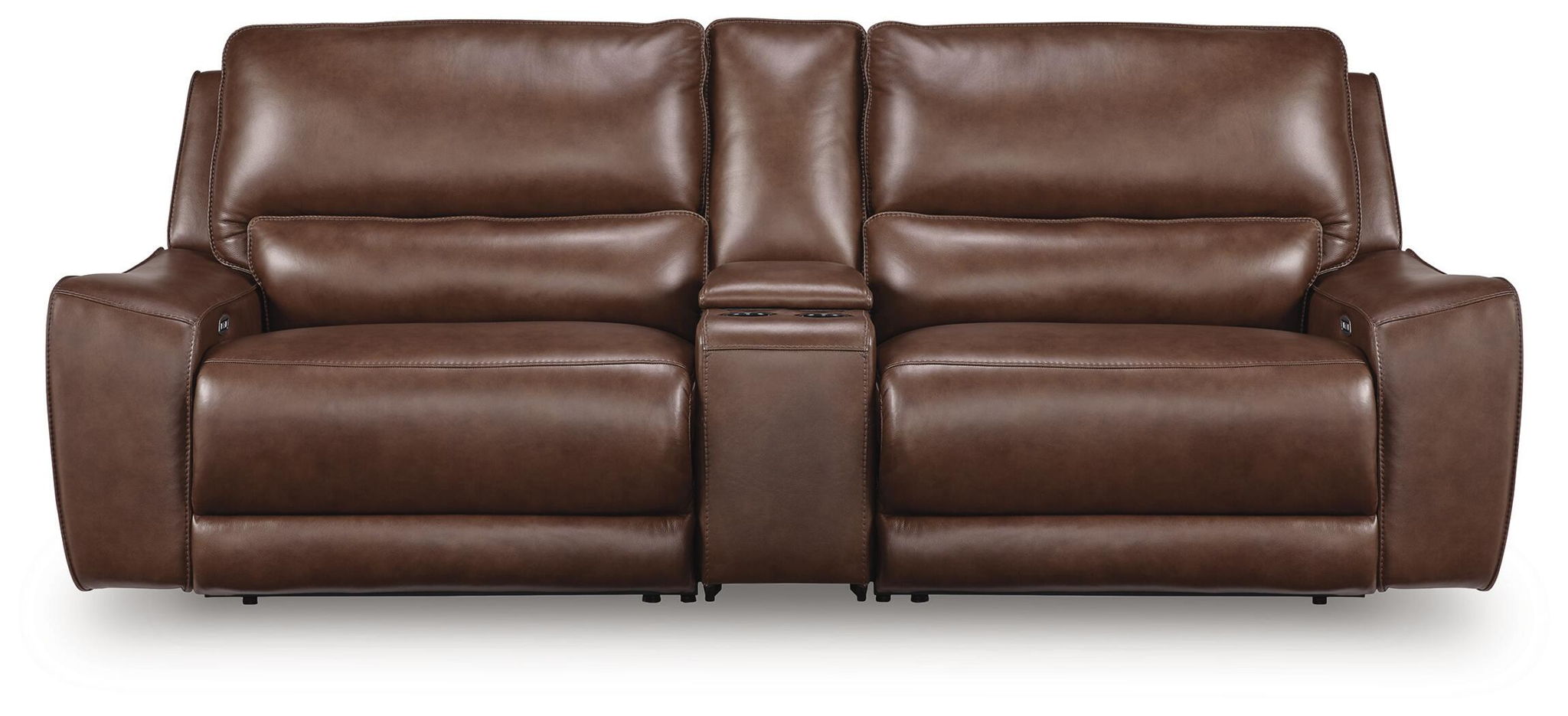 Power reclining sectional sofa in dark brown leather, double recliner seats with center panel