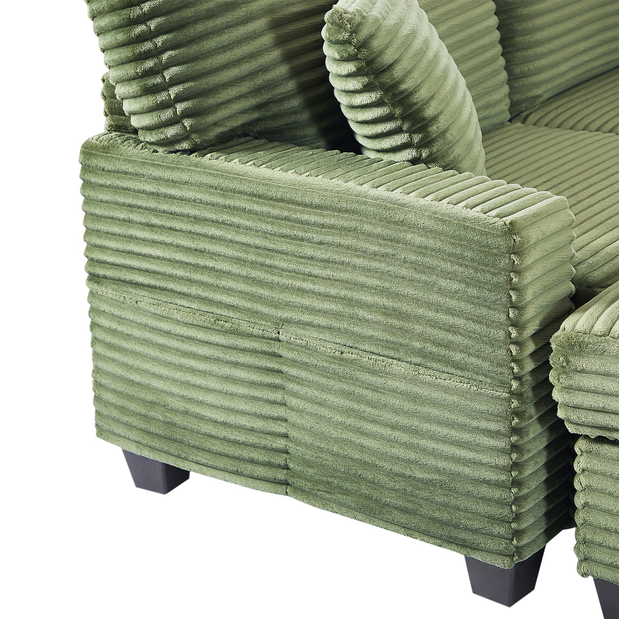 Green corduroy sectional corner unit with wide arm and ribbed cushions
